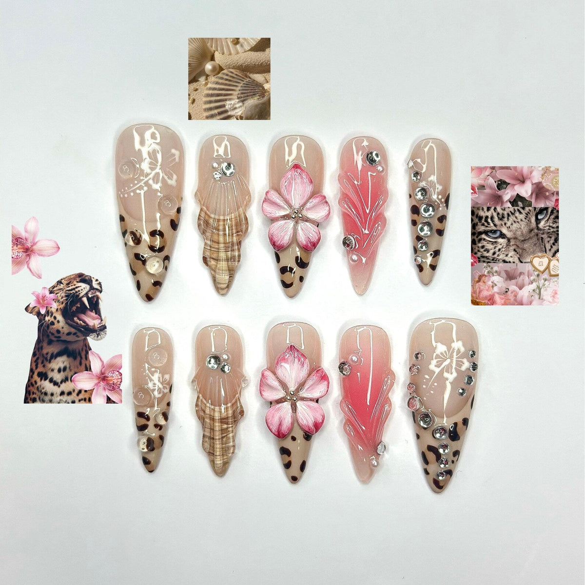 3D Hibiscus Flower & Tropical Muse Nails, Ethereal Goddess Press Ons, Luxury Seashell