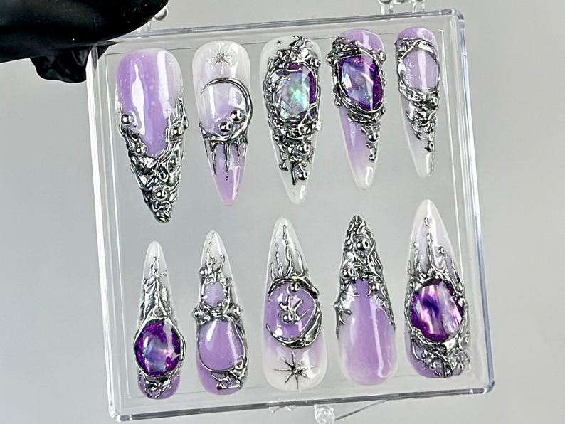 Gothic Purple Press On Nails Dark Glam Fake Nails Silver and Purple Nail Art 3D Gothic Purple Fake Nails Gothic Nails OC737YC