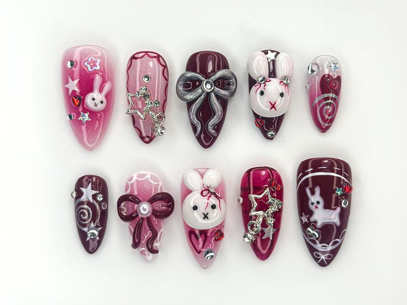 Gothic Bunny Dream Press On Nails Red And Pink Festive Nail Art 3D Bunny & Bow Charms Starry Holiday Glam Nails