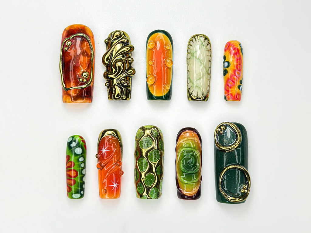 Retro Jungle Luxe Press On Nails 3D Gold Abstract Nail Art Green & Orange Swirl Press Ons Handmade Statement Nails