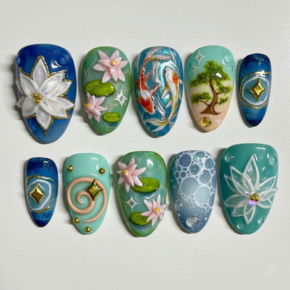 Lotus Koi Serenity Press On Nails Zen Pond Nail Art Koi Fish & Lotus Flower Nails Nature Inspired Press Ons