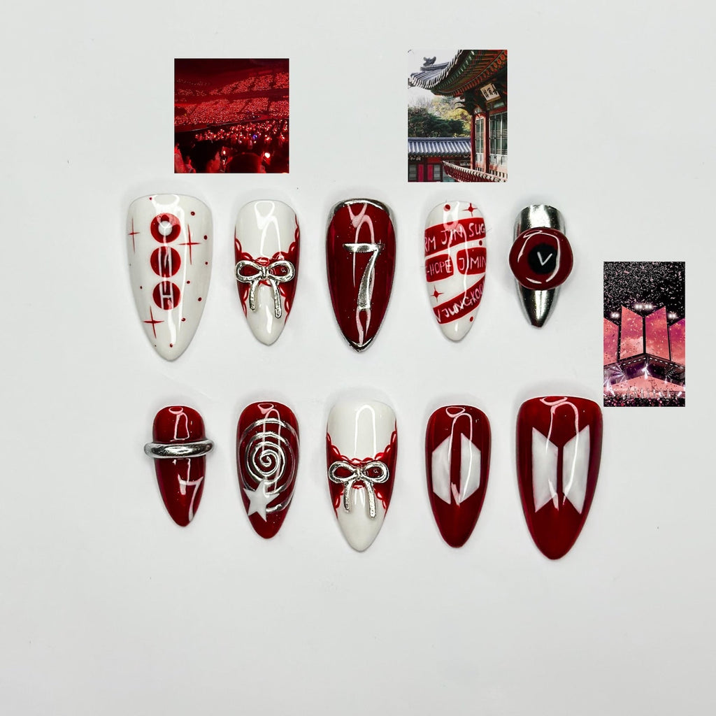 Kpop Inspired Cupid Voyage Nails, 7 Spirit Arirang Love Muse Press Ons, Red White Silver