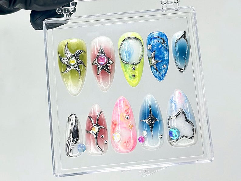Iridescent Galaxy Press On Nails Space Theme Fake Nails 3D Celestial Nail Art Shimmer Galaxy Press Ons Starry Sky Press Ons