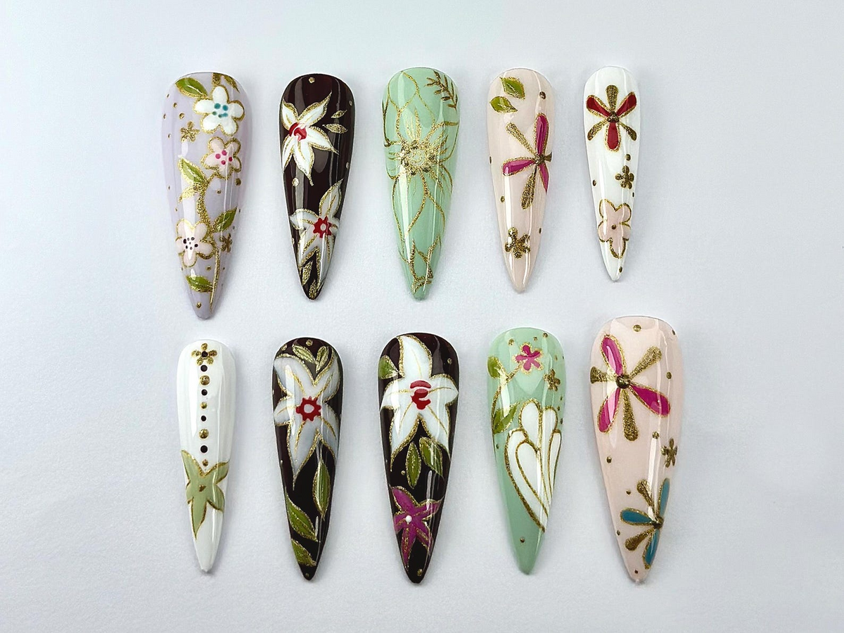 Oriental Floral Press On Nails Floral Dragonfly Nail Art Vintage Painted Flower Fake Nails Inspired by Asian Jewelry OB739YK