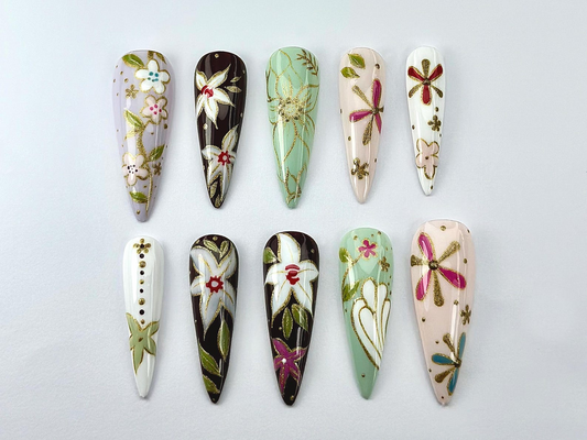 Oriental Floral Press On Nails Floral Dragonfly Nail Art Vintage Painted Flower Fake Nails Inspired by Asian Jewelry OB739YK