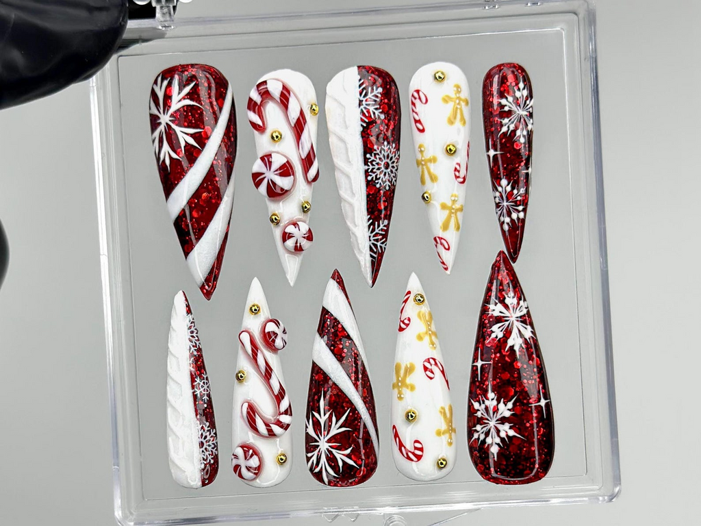 Red Glitter Christmas Press On Nails Nails Candy Cane Christmas Nail Art Holiday Stiletto Nail Art Luxury Festive Press Ons