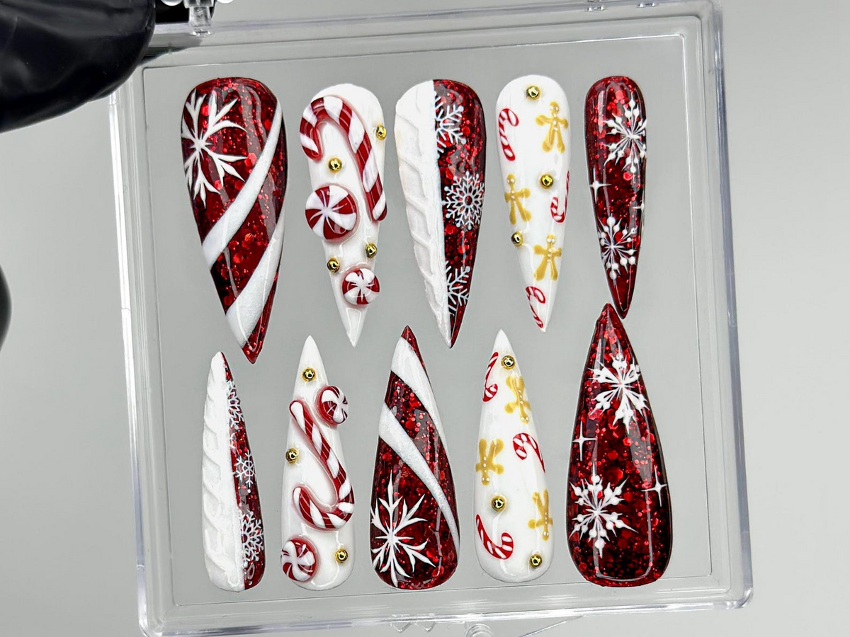 Red Glitter Christmas Press On Nails Nails Candy Cane Christmas Nail Art Holiday Stiletto Nail Art Luxury Festive Press Ons