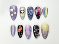 Whimsical Violet Press On Nails 3D Cat & Orchid Nail Art Abstract Swirl Gothic Pearl Nails Handmade Nail Set| Artistic Nails