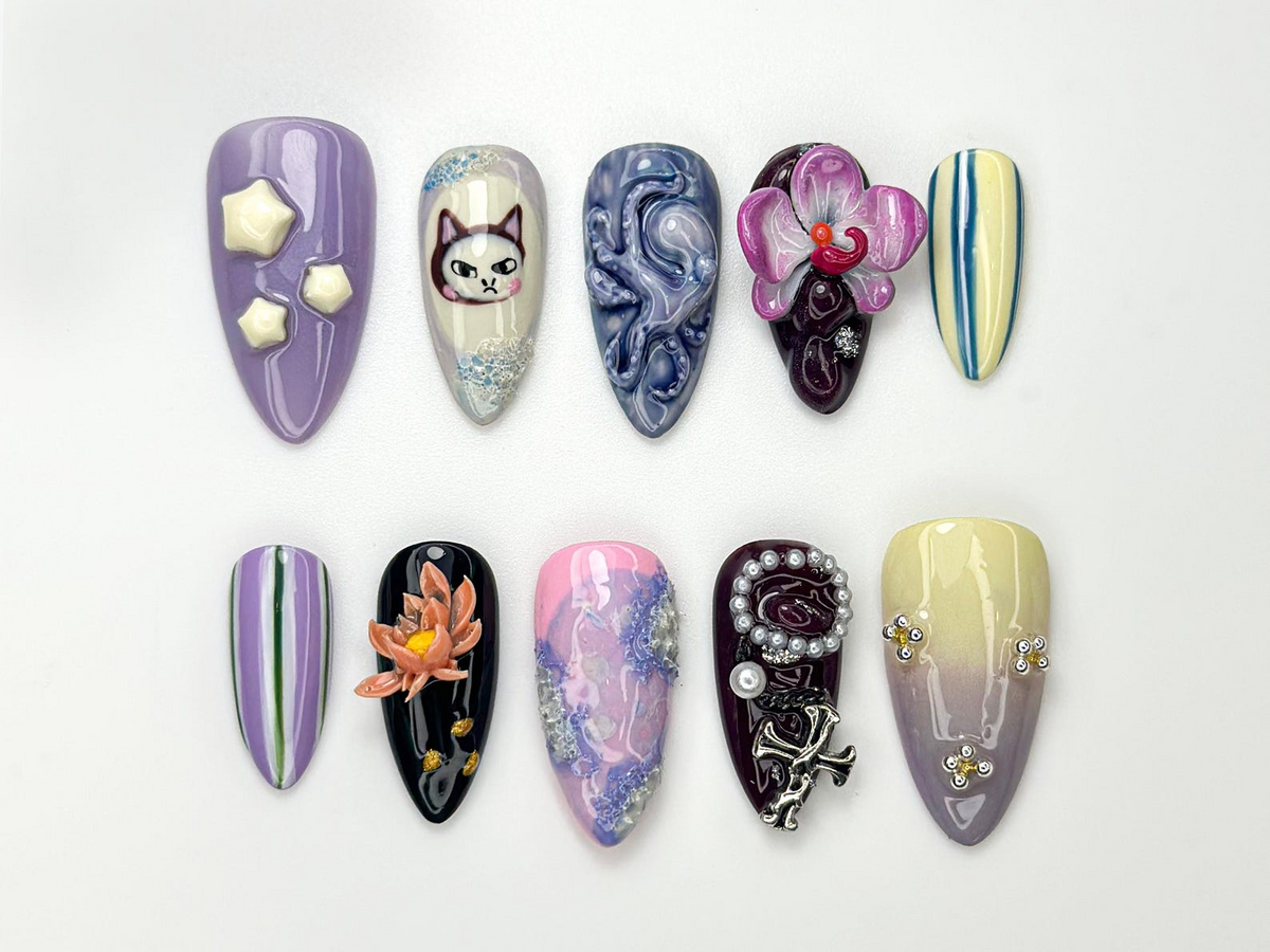 Whimsical Violet Press On Nails 3D Cat & Orchid Nail Art Abstract Swirl Gothic Pearl Nails Handmade Nail Set| Artistic Nails