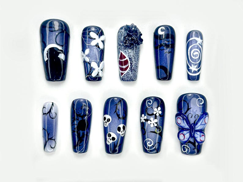 Midnight Gothic Butterfly Press On Nails Dark Blue Fantasy Nail Art 3D Butterfly, Skulls & Floral Accents
