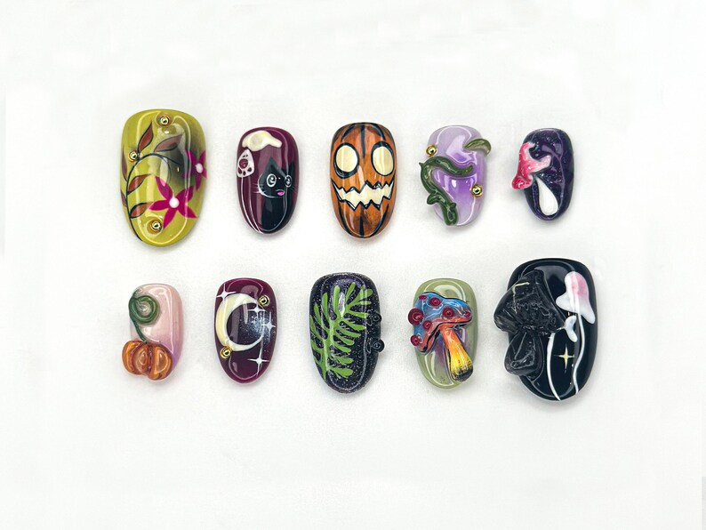 Fantasy Forest Halloween Nails Pumpkin & Black Cat Press Ons 3D Mushroom Nail Art Magical Spooky Handmade Nails