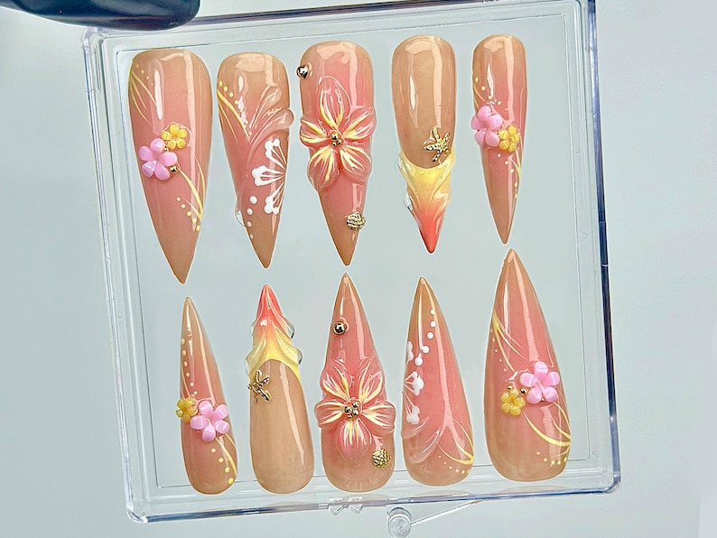 Sunset Blossom Whisper Press On Nails 3D Pastel Flower Nail Art Elegant Nude & Coral Tones Handcrafted Ombre Floral Nails