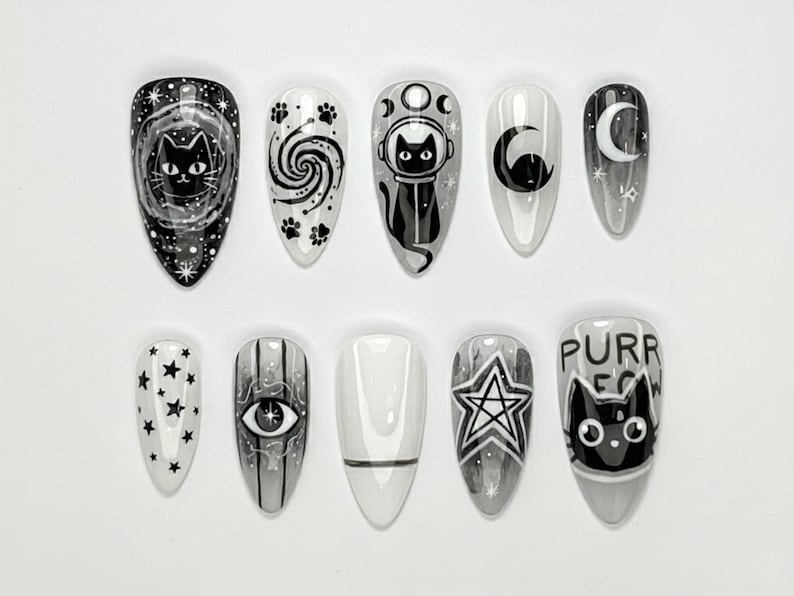 Cosmic Black Cat Press On Nails Gothic Cat Nail Art Moon Star Astrology Nails Witchy Black White Press Ons Mystic Nail Set