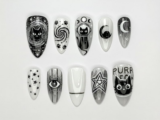 Cosmic Black Cat Press On Nails Gothic Cat Nail Art Moon Star Astrology Nails Witchy Black White Press Ons Mystic Nail Set