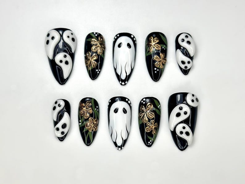 Midnight Ghost Garden Press On Nails, 3D White Ghost Nail Art, Black & Gold Floral