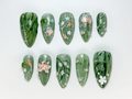 Green Forest Koi Press-On Nails Handmade Koi Fish Nail Set Green Floral & Marble Press-Ons Glossy Press-On Nail Set OB723HK