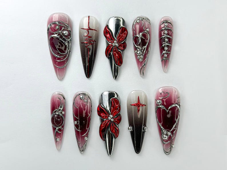Gothic Blood Red Press-On Nails Edgy Black And Red Press-Ons Gothic Press-On Set Cyberpunk & Gothic Nails OB726HC