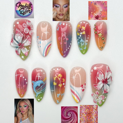 Midnight Sun Press On Nails for Y2K Lovers Sunset Ombre Rainbow Nails with 3D Floral Art