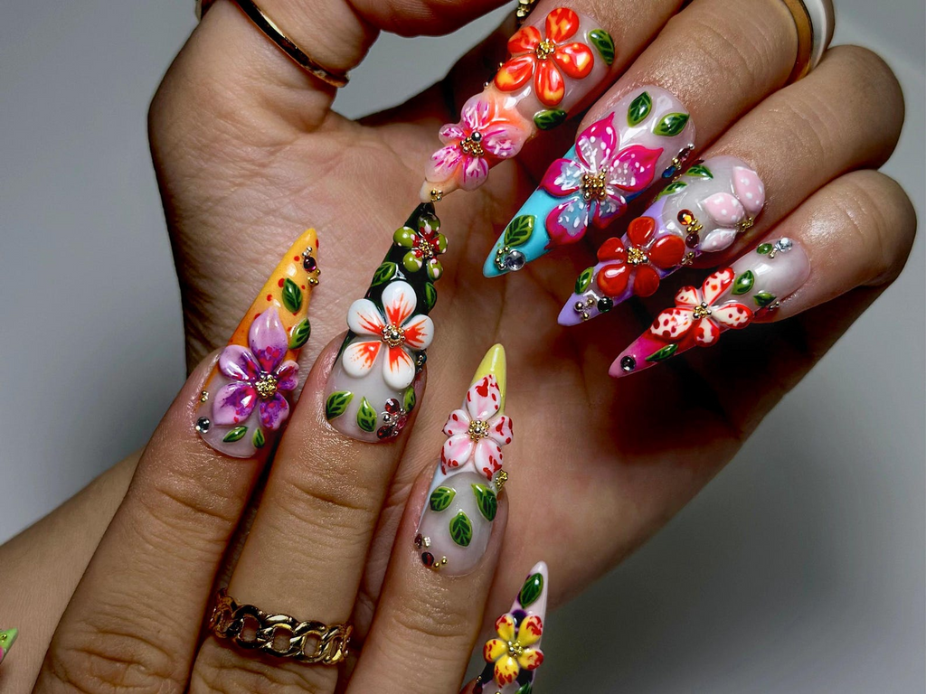 Tropical Garden Explosion Press On Nails 3D Colorful Floral Nail Art Rainbow Gradient Tips with Leaves & Gems