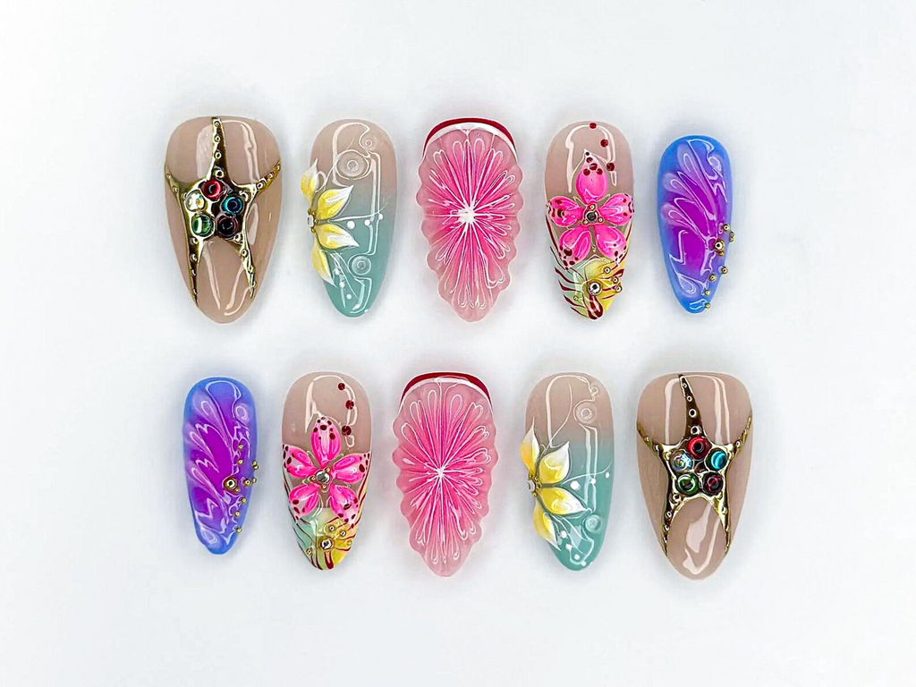 Tropical Bloom Press On Nails 3D Flower Summer Nails Colorful Citrus Slice Nails Hand