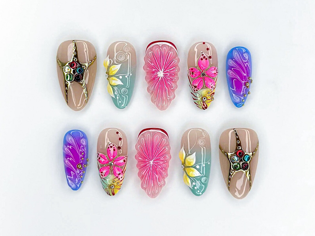 Tropical Bloom Press On Nails 3D Flower Summer Nails Colorful Citrus Slice Nails Hand