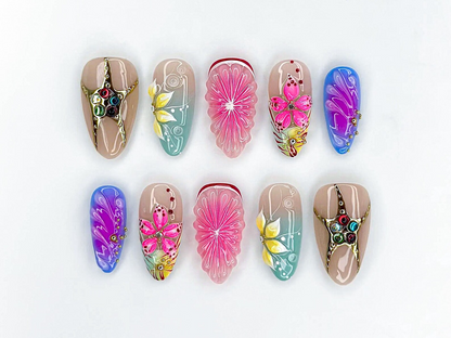 Tropical Bloom Press On Nails 3D Flower Summer Nails Colorful Citrus Slice Nails Hand