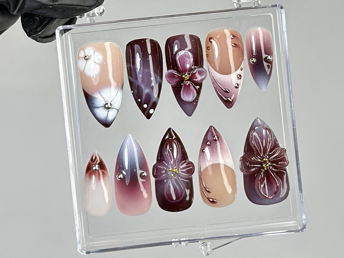 Luxury Purple Press On Nails Glossy Ombre Press Ons Deep Burgundy Fake Nails 3D Blossom Nail Art Long Almond Nails OB746YK