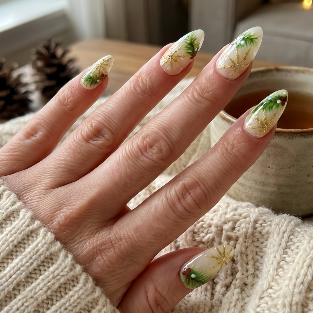 Luxury Christmas Press On Nails, Gold Snowflakes And Pine Accents Fake Nails, Festive
