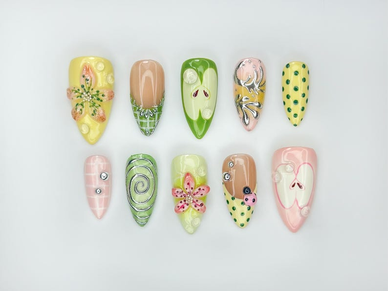 Green Garden Press On Nails 3D Floral Accents, Ladybug Charms & Whimsical Pastel Nail Art Handmade Nature-Inspired Nail Set