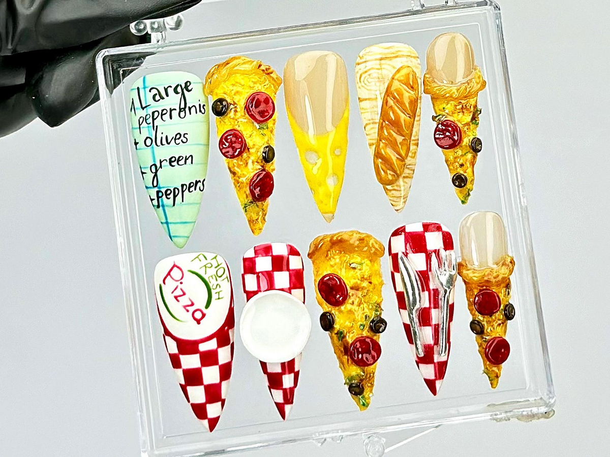 Pepperoni Pizza Nails 3D Food Fake Nails 3D Novelty Nail Art Gift for Pizza Lovers Acrylic Nails 3D Pizza NailsOB818Y