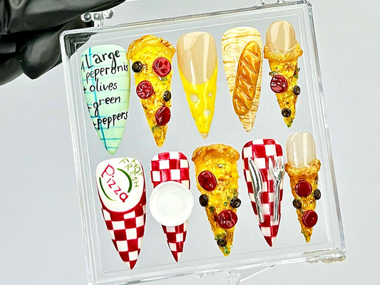 Pepperoni Pizza Nails 3D Food Fake Nails 3D Novelty Nail Art Gift for Pizza Lovers Acrylic Nails 3D Pizza NailsOB818Y