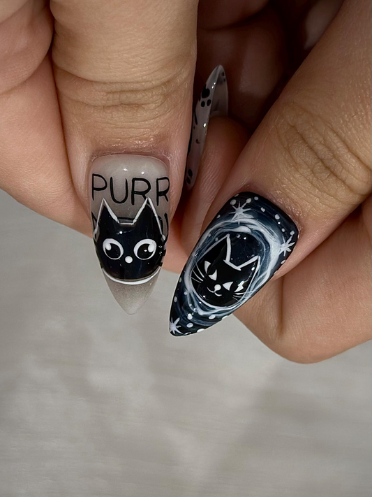 Cosmic Black Cat Press On Nails Gothic Cat Nail Art Moon Star Astrology Nails Witchy Black White Press Ons Mystic Nail Set