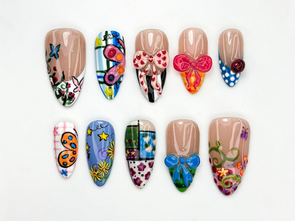 Pop Art Press On Nails Funky Cartoon Mixed Pattern Nails 3D Cute Bug & Ribbon Nail Art Playful Art Press Ons Cute Cartoon