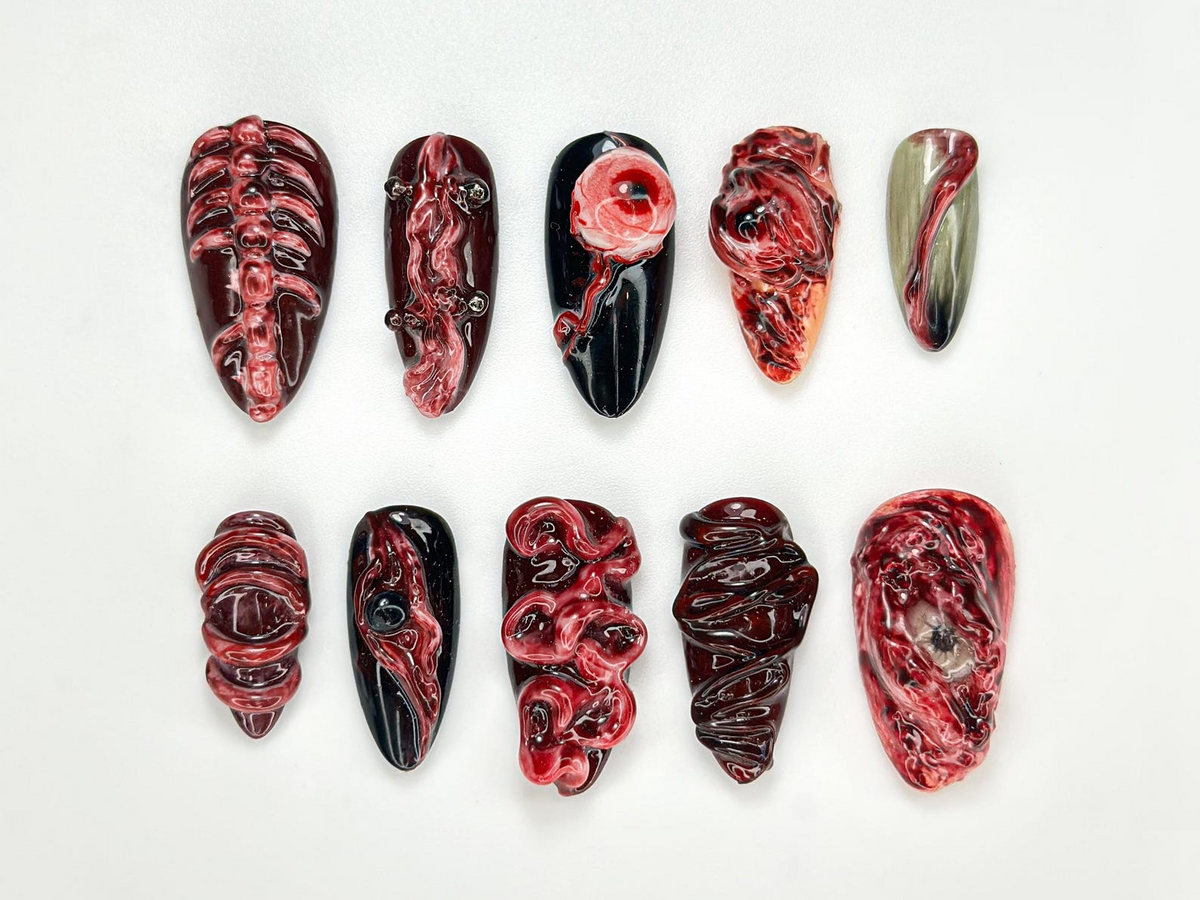 Horror Halloween Press On Nails 3D Bloody Body Art Nails Halloween Skeleton & Flesh Nail Set Grunge Monster Horror Nails