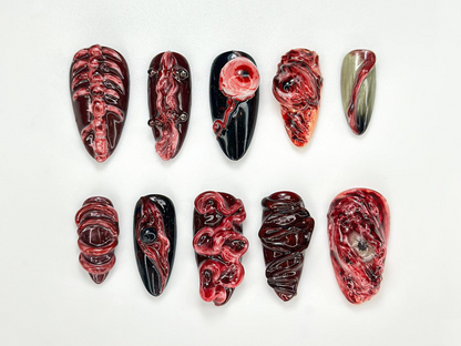 Horror Halloween Press On Nails 3D Bloody Body Art Nails Halloween Skeleton & Flesh Nail Set Grunge Monster Horror Nails