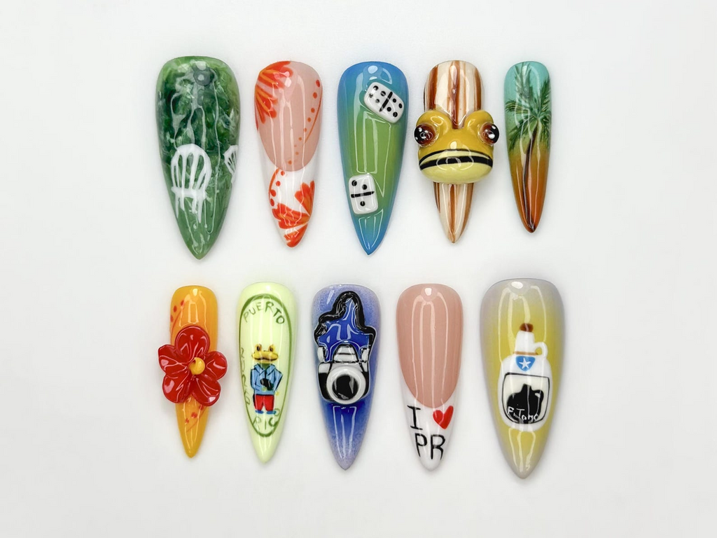 Tropical Vacation Press On Nails 3D Beach Frog Nails Puerto Summer Nail Art Colorful