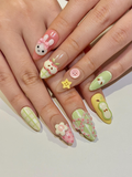 Kawaii Bunny Easter Press On Nails, Pastel Green and Pink Plaid Nails, Colorful Pastel