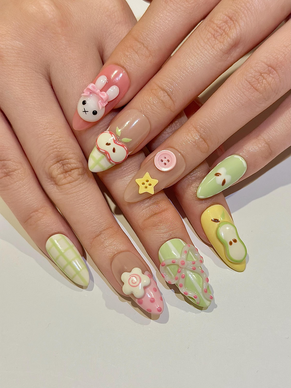 Kawaii Bunny Easter Press On Nails, Pastel Green and Pink Plaid Nails, Colorful Pastel