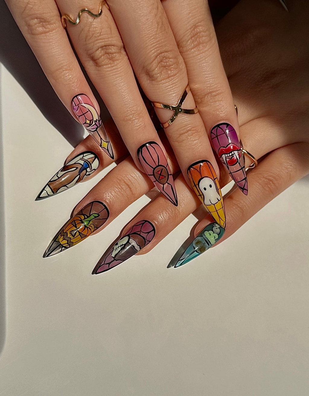 Stained Glass Halloween Press On Nails Ghost Pumpkin Bat Nail Art Colorful Spooky Nail Design Handpainted Halloween Nails