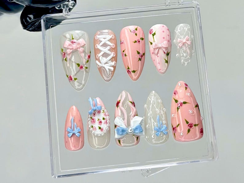 Balletcore Rose Press On Nails Floral Lace Fake nails| Vintage Rose Nail Art Feminine Handmade Kawaii Nails Luxury Nails OB940YC