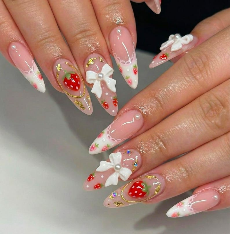 Cute Strawberry Bow Press On Nails Pink French Tip Nails Cute 3D Kawaii Nail Art Handmade Luxury Press Ons