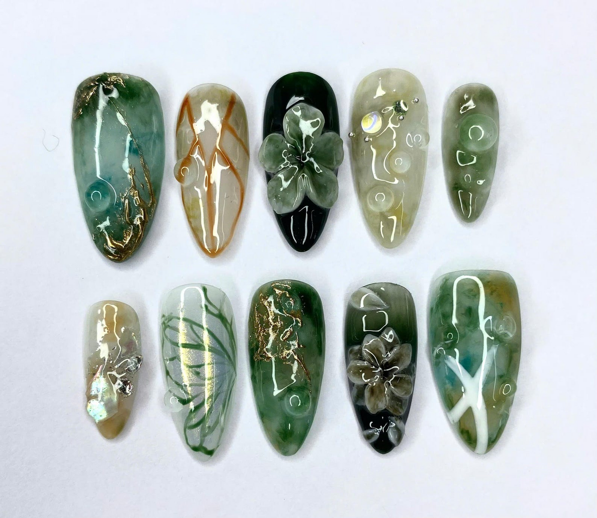Handmade Jade Press On Nails Glossy Green Botanical Nails Elegant Stone Look Nails Gold Marble Accents 3D Nail Set OB781Y