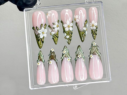 Sculpted Floral Press On Nails Glossy Green Leaf Nail Art Ethereal Spring Press Ons Elegant Flower Tips Fake nails Luxury OB944LK