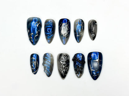 Galaxy Gothic Press On Nails Dark Blue Chrome Cat Eye Nails Celestial Star Night Nail