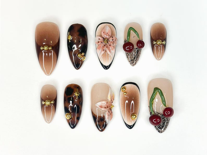 Tortoiseshell Fall Press On Nails 3D Fruit & Floral Nail Art 3D Cherry Blossom Nail Design| Handmade Luxury Nail| Elegant Nail