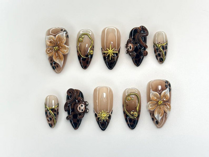 Jungle Safari Monkey Press On Nails 3D Flower & Leopard Print Nail Art Exotic Animal Nail Set Handmade Safari Nails