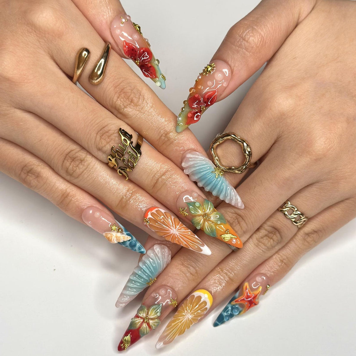 3D Fruit & Tropical Flower Nails, Yellow Lemon Orange Citrus Press On, Pastel Blue Shell