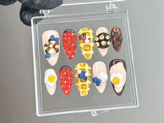 Kawaii Brunch Press On Nails 3D Food Nail Art Strawberry Waffle Press Ons Funny Food Fake nails Egg & Strawberry Nails