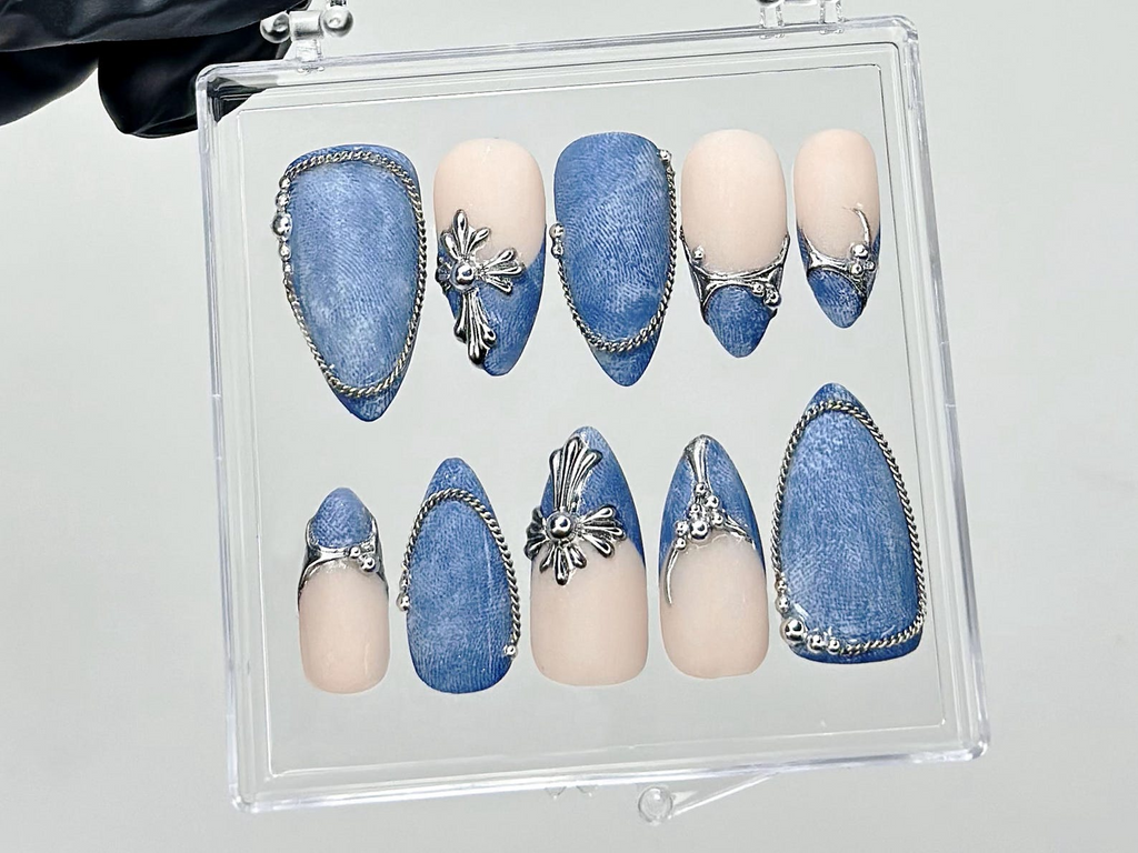 Silver Trim Denim Press On Nails Blue Jean Fake Nails Cowgirl Style Nail Art Western Denim Press Ons Textured Denim Nails