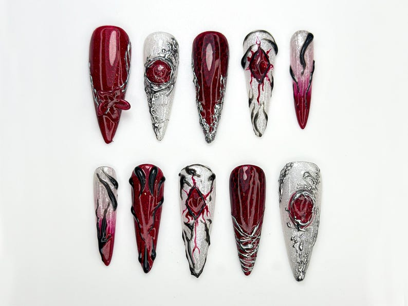 Vampire Red Gothic Press On Nails Gothic Nail Art Set Silver Blood Magic Nails Dark Rune Design Press Ons 3D Fantasy Nails OC863HC